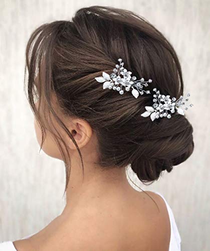 Jeairts Flower Bridal Hair Comb Silver Pearl Crystal Wedding Hair Side Combs Leaf Floal Headpiece Hair Dress Decorative Hair Accessories for Women and Girls(Pack of 2)