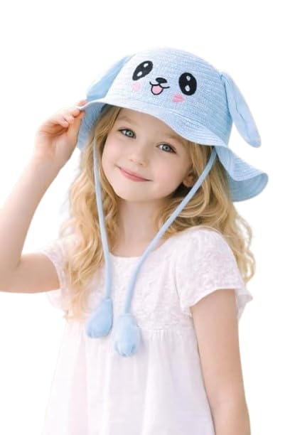 Image of FabSeasons Kids Cute Straw Sun Hat with Moving Ears (Ages 4-8 Years) | UV Protection, Wide Brim, Foldable, Beach Bucket Cap | Girls & Boys Breathable Summer Sun Hat with Inner Adjustable String