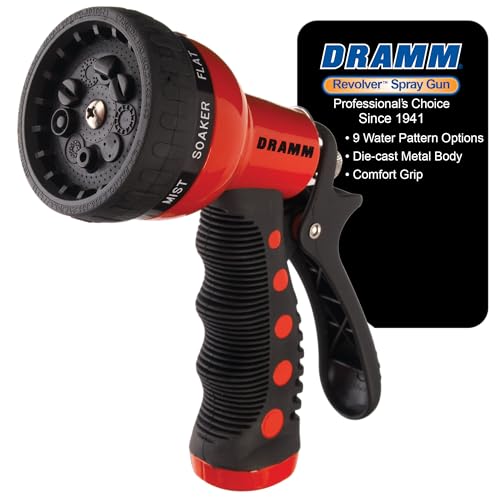 Dramm Revolver Heavy Duty Metal Garden Hose Nozzle – 9 Spray Patterns, High Pressure Jet, Thumb-Control Flow, Ergonomic Grip – Red