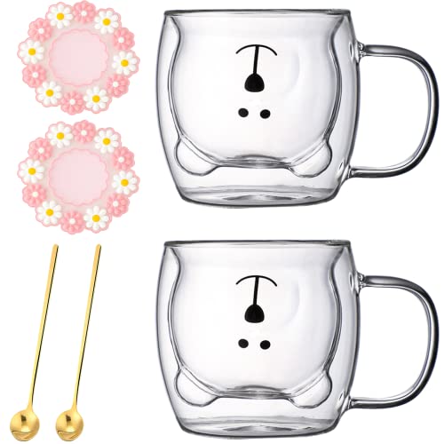 Arawat Doppelwandige Gläser Bär Tasse Süße Teegläser 2 Set Kaffeetasse mit Henkel Kaffeegläser 250ml Teetasse mit Löffel & Untersetzer Cute Cappuccino Gläser Geburtstag Weihnachten Tasse Geschenk Cover