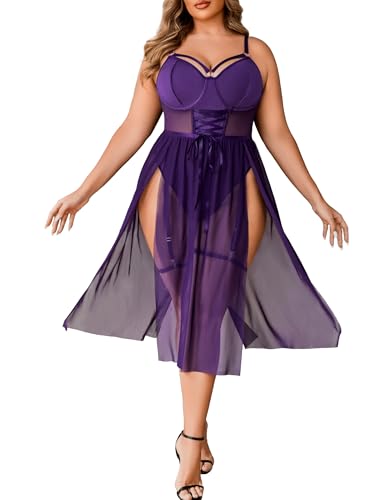 Avidlove Plus Size Bodysuit for Women Sexy Maxi Nightdress Lace Bodysuit Dark Purple 3X-Large