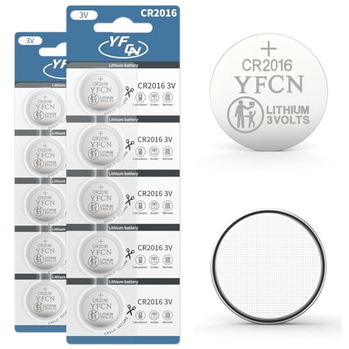 YFCN CR2016 Battery 3V Lithium Battery 10 Count Pack CR2016 Batteries - CR 2016 Coin Cell Batteries for Watch Key Fob Remotes - 5 Years Shelf Life