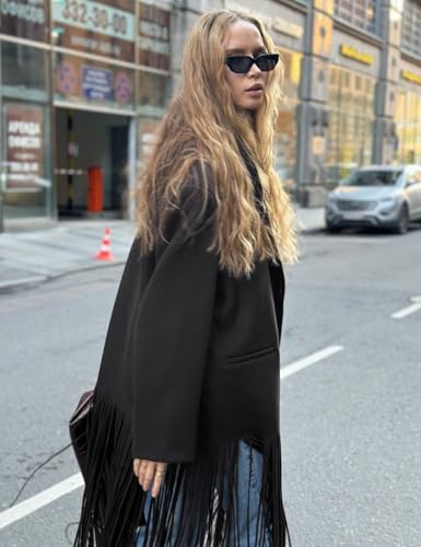 Gihuo Women's Long Coat Notch Lapel Single-Breasted Jacket with Fringe Hem3