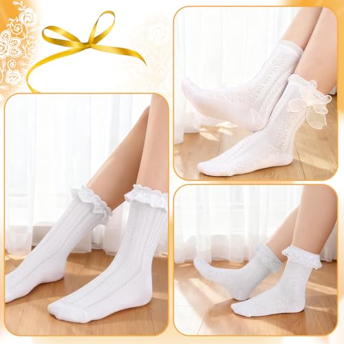 Image of Jspupifip 6 Pairs Lace Ruffle Frilly Crew Socks for Women Girls | Cotton Breathable Cute Princess Ankle Dress Lace Socks Thin Cool Casual Socks