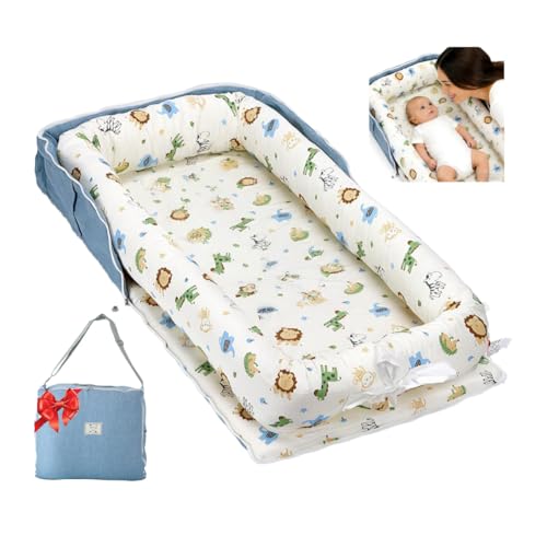 Loevin Baby Lounger for Newborn Portable Bag,Baby Nest Play Gym mat with Strap,Newborn Lounger Adjustable Size & Inner Zipper Lengthen Space to 24 Months,Animal World Blue