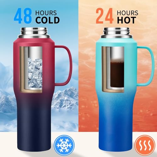 Image of Insulated Water Bottle 32 OZ - with Straw & Pop-up Spout Lid, Keep Cold-48H Hot-12H, Stainless-Steel with handle for Women Men, Metal Flask Water Bottle Fits in Cup Holder