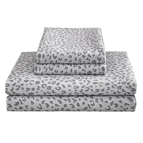 Mooreeke Leopard Cheetah Printed Twin Bed Sheets, Soft Microfiber Bedding Sheets & Pillowcases, Deep Pocket Non-Slip Fitted Twin Sheet, Silver Grey Animal Pattern Bedsheets