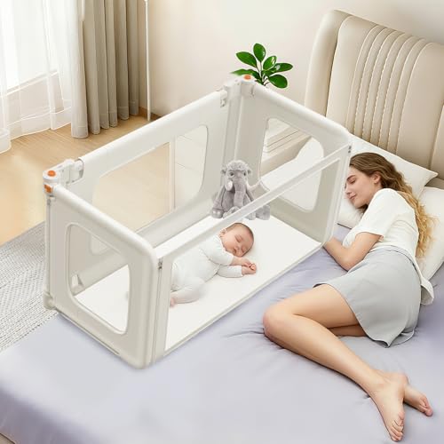 Image of JAZSH 2 in 1 Bedside Bassinet, 69.26" x 19.29" Baby Bassinets Bedside Sleeper with Mosquito Net + Storage Bag + Child Lock, Baby Crib & Toddler Bed Rails for Twin, Full, Queen, King Size, Beige