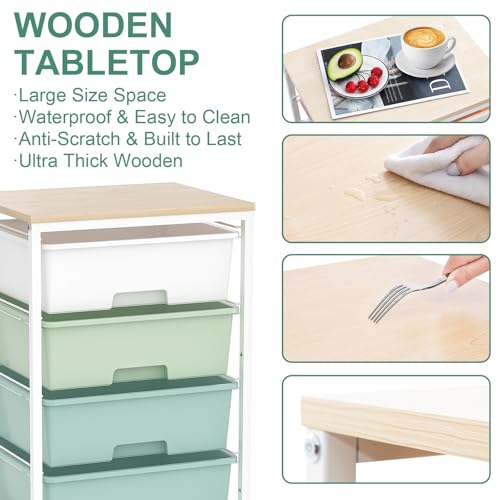 Utility Cart with 4 Drawers,Rolling Storage Cart with Drawers,Storage Rolling Drawer Cart with Wooden Tabletop for Bedroom,Kid's Room,Dorm,Classroom,Office,Green - Image 6