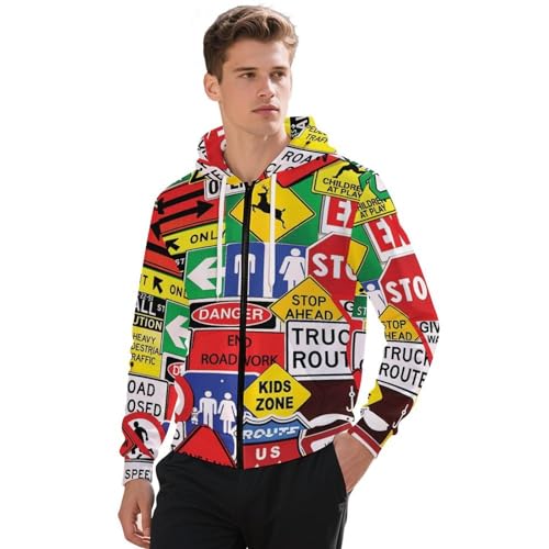 Road Traffic Sign Men's Hoodie Full-zip Hooded Sweatshirt Zip-up Pockets Jackets