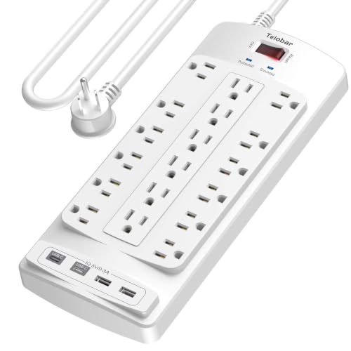 Image of 18 Outlets Surge Protector Power Strip - Teiobar 10 Feet Flat Plug Heavy Duty Extension Cord with 18 Widely Outlets and 4 USB Ports, 2100 Joules, White, ETL Listed