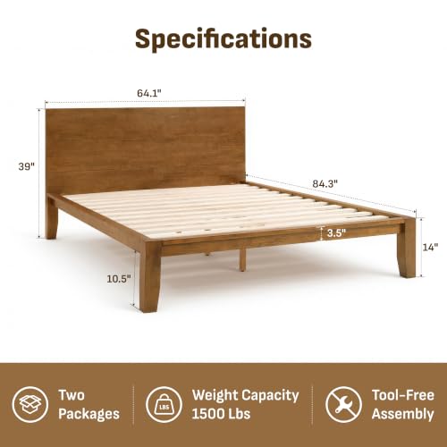 Image of Softa Mikor Queen Japanese Joinery Bed Frame with Headboard, Solid Rubberwood Platform Bed, 1500 Lbs Heavy Duty, SGS Certified, No-Tool Setup, Storage Shelf, USB-A /C Port, No Box Spring Needed