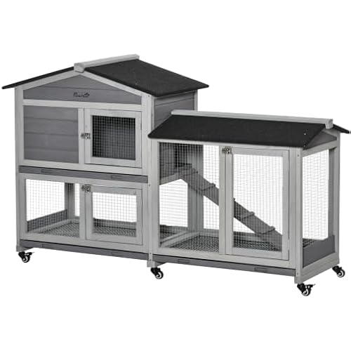 PawHut 62" Rabbit Hutch with Wheels for Rabbits, Chickens, Ducks, Gray