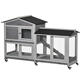 PawHut Gabbia per Conigli da Esterno con 6 Ruote, 157.4x53x99.5cm Grigio