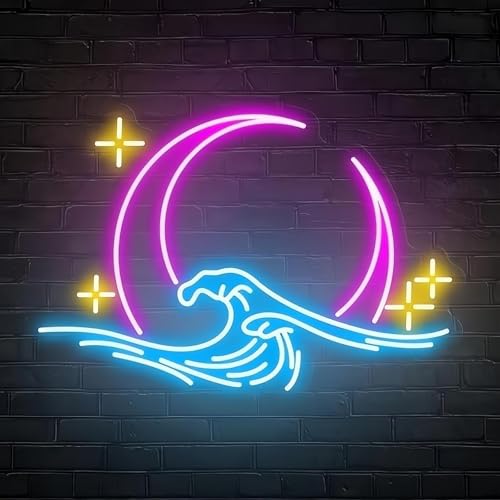 Wave Moon Neon Wall Art, Wave Ocean Neon Sign Neon Art, Custom Sunrise Sunset Led Light, Wall Signs for Room Decor Anime Neon Light Acrylic Moon Sign