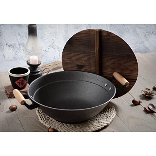 Sartén Wok de hierro fundido 14 pulgadas con tapa de madera miniatura 3