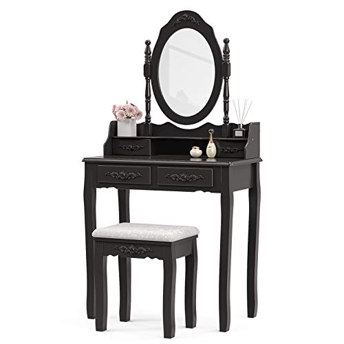 Alohappy Girls Vanity Desk, Makeup Vanity Set With Mirror & Stool, Makeup Table Black Vanity Desk With 4 Drawers Vintage Rose Carving Dressing Desk For Bedroom, Studio (Black) #TOP6