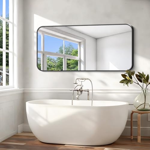 Image of Black Bathroom Mirror, 66x30 inch Aluminum Metal Frame Rectangular Vanity Mirror, Large Wall Mounted Rectangle Mirrors with Rounded Corner for Over Sink Bedroom Living Room Horizontal /Vertical