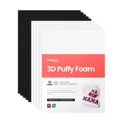 Poolin 3D Puff Embroidery Foam 3mm 6x8 Inch 10 Sheets Black & White