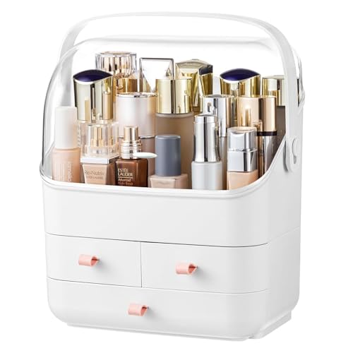 HBlife Makeup Organizer, Waterproof & Dustproof Cosmetic Storage, Fully Open Lid Makeup Display Box, Skincare Organizer for Bathroom Countertop Vanity, White