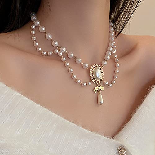 Women Bridal Vintage 1920s Imitation Pearl Necklace Layered Tassels Shiny Bow Choker Necklace Fashion Simple Necklaces for Women Party4