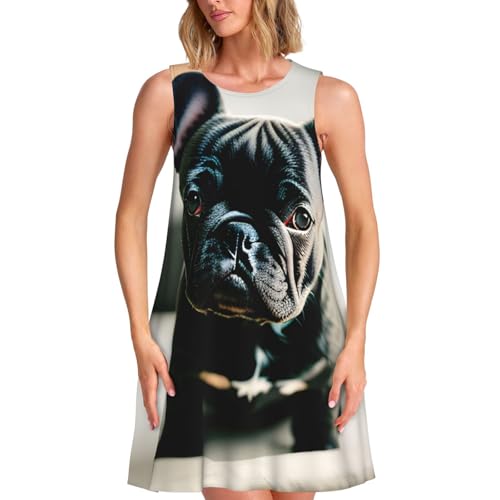 Yyoretp Adorabile Bulldog Francese Stampa Abiti Estivi per Le Donne Casual Spiaggia Senza Maniche Tshirt Tank Allentato Tasca Sundress, Nero , XL