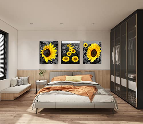 Sunflower Pictures Wall Decor - 3 Pieces Canvas Wall Art For Living Room Decorative, Framed Black And Yellow Sunflowers For Bathroom Decoration ,Modern Giclee Artwork Print Ready To Hang 12X16 Inch #TOP5