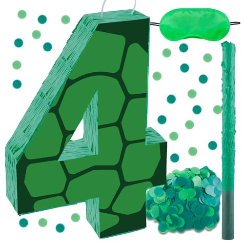 16 Inch Turtle Number 4 Pinata, Turtle Birthday Decorations, Turtle Theme Pinata with 16 Inch Stick Blindfold Confetti for Boy Girl Kids 4th Birthday Party Supplies(4th)