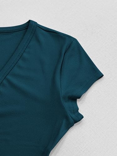 Image of Albe Rita Women Short Sleeve T-Shirt Cap V Neck Shirts for Women Ribbed Casual Top Knit Slim Fit for Summer