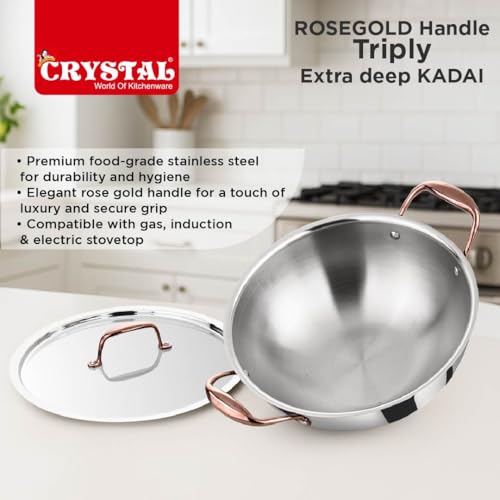 Image of Crystal TriPro -Triply Stainless Steel Extra Deep Kadai with Lid - 28 cm (Induction Bottom), with Rose Gold Handle (CTP-EDK-004A)