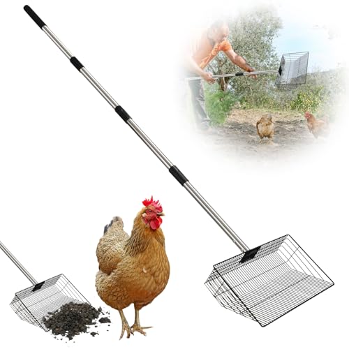 Image of 15inch Large Chicken Poop Scooper, 24 to 68'' Coop Scoop with Stainless Steel Handle, Sand Sifter Shovel, 4 in 1 Multifunctional Heavy Duty Chicken Coop Shovel, Large Litter Scooper