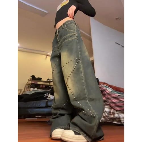Women's Jeans Y2K Jeans Retro Washed Star Studded Loose Fitting Jeans Straight Leg Pants4