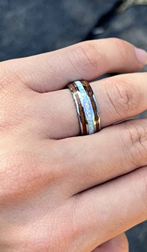 Aloha Jewelry Company 8mm Opal Tungsten Carbide Hawaiian Koa Tree Wood with Created Comfort Fit Ring Engagement Wedding Band Dome Style Weighted High Polished Finish with Gift box3