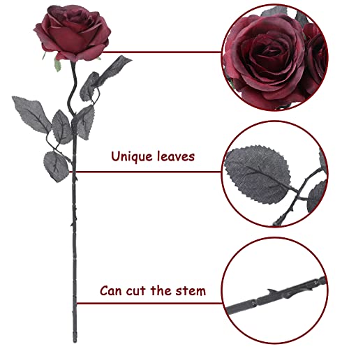 Roses artificielles rouge vin Whaline en soie à longue tige pour décoration | Lot de 12 - 4