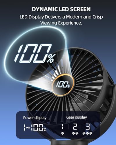 Portable Stroller Mini Fan, Small Rechargeable Personal Fan, Baby Travel Essentials for Wagon, Car Seat, Treadmill, Battery Powered Biking Gear Accessories, 360° Rotation, 3-Speed, Display, Black - 3