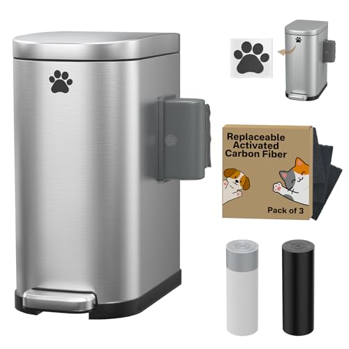 organizelink Dog Poop Trash Can Outside with Odor Control Lid & Step Pedal, 3.2Gal Stainless Steel Outdoor Trash Can, Waterproof Dog Waste Container Station - Includes Carbon Filters & Paw Stickers