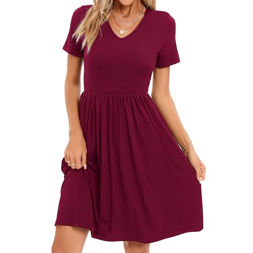 Image of Women's Spring Casual Short Sleeve A-Line Midi Loose Fit Teacher Dresses T-Shirt Flowy Work Travel Sundress with Pockets 2026
