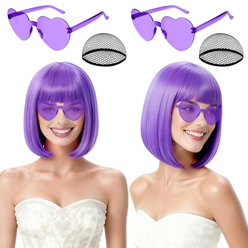 Image of 2 Pack Light Purple Short Bob Wig with Bangs for Women, ROOKEA Girls Neon Bobs Colorful Party Wigs with Heart Sunglasses for Cosplay Bachelorette Costume Party Carnival Musicals Fancy Dress Drag Queen