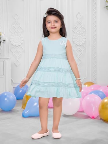 Image of Soft Cotton Lace Work Knee Length Fit & Flare Dress for Kids & Girls, Flower Embellished Frock for Casual & Special Occasion