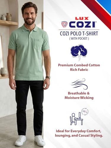 Image of Lux Cozi Men's Polo T-Shirt Regular Fit Half Sleeves with Pocket | Cotton Blend Polo Neck Collar T-Shirt for Men | Casual, Office Comfortable Breathable T-Shirt | Stylish Plain Tee