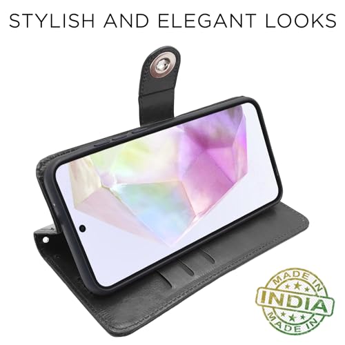 Image of Pikkme Samsung Galaxy A35 5G Flip Cover Leather Finish | Inside TPU with Card Pockets | Wallet Stand and Shock Proof | Complete Protection Button Flip Case (Black)