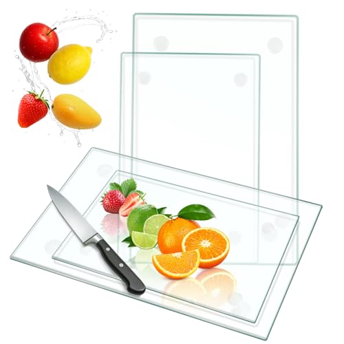 4 STÜCK Gehärtetes Glas Schneidebrett Küche Transparentes mit Rutschfesten Füßen für Arbeitsplatten Zersplitterungsfest & Hitzebeständig 2 Groß 30 5x40 6 cm + 2 Klein 30 5x20 3 cm