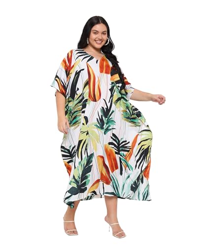 Image of Gypsie Blu Women Plus Size Kaftan Dress Beach Cover Up Maxi Dresses for Women, V-Neck Kimono Sleeve 1X-3X