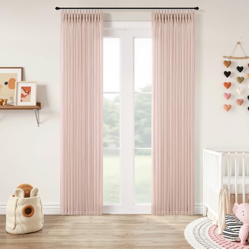Light Pink Pinch Pleated Linen Curtains 102 Inch Long Semi Sheer 2 Panels