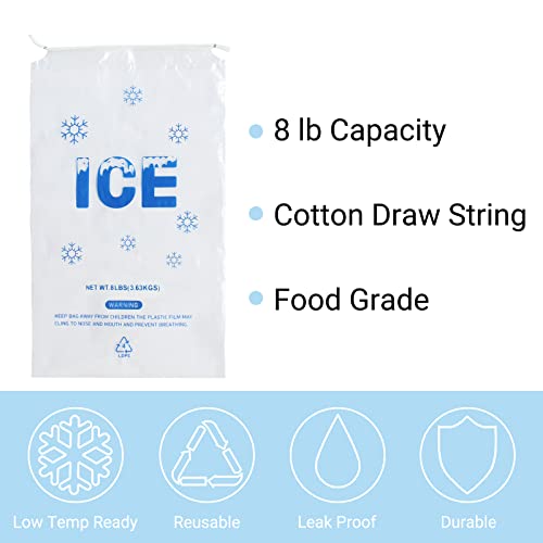 Image of 100 PACK 8 lb. Plastic Ice Bags with Cotton Draw String 11 x 19 Inch Heavy-Duty Plastic Ice Storage Bags with Draw String (2mil Thickness)
