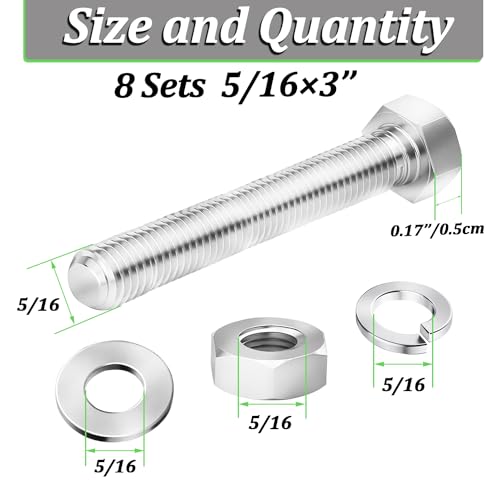 Ruibapa P-062-5/16-18X3" 8 Sets 5/16-18X3 Stainless Steel Hex Head Screws Bolts, Flat, Nuts & Lock Washers,Hex Bolts 18-8(304) Full Thread thumb #1