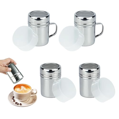 4Pcs Stainless Steel Flour Sugar Salt Shaker, Chocolate Shaker with Lid and Handle, Coffee Sprinkles Powder Spice Dispense with Fine Mesh Sieve Sifter for Syrup, Cream, Cappuccino Kitchen Baking
