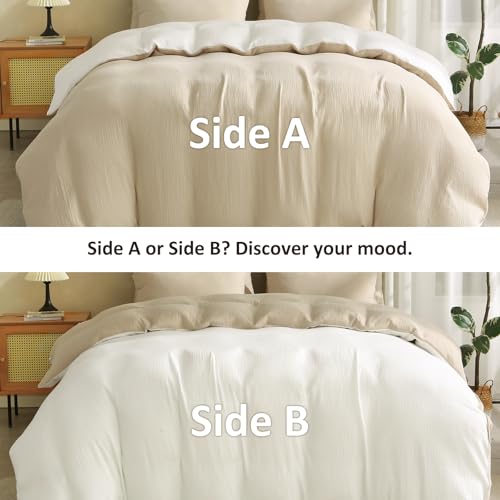 Image of EMME Cotton Muslin Duvet Cover Set King Size Linen Like Soft Breathable Lightweight Summer Comforter Cover Set with Zipper Closure (Light Tan&White, King, 104 inchx90 inch)