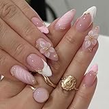 3D Pink Press On Nails Mandel - Mittelgroße künstliche Nägel mit French Tip und geprägten Blumen- und Goldperlen-Designs, wiederverwendbare Kunstnägel mit glänzendem Finish und Klebelaschen -
