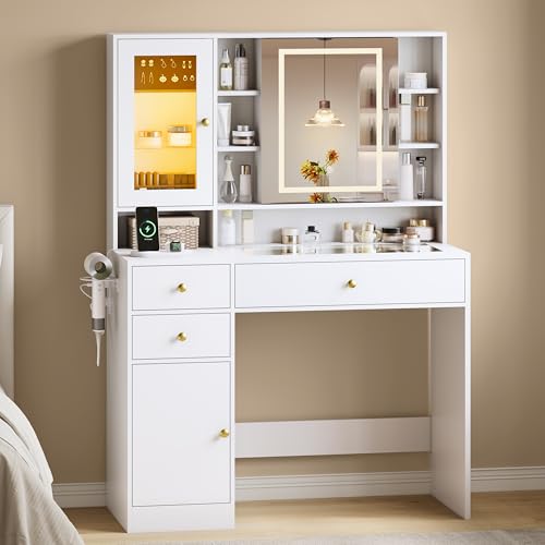 Image of HUANLEGO Vanity Desk with Mirror and Lights, White Vanity with Lighted Mirror and RGB Cabinet & Jewelry Organizers, Makeup Vanity Desk with Lights, Glass Top Dressing Table for Girls Bedroom